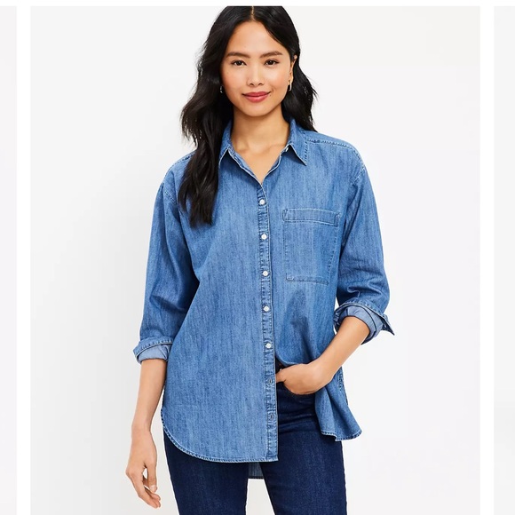 LOFT Tops - Loft Blue Chambray Oversized Everyday Long Sleeve Linen Blend Shirt Large